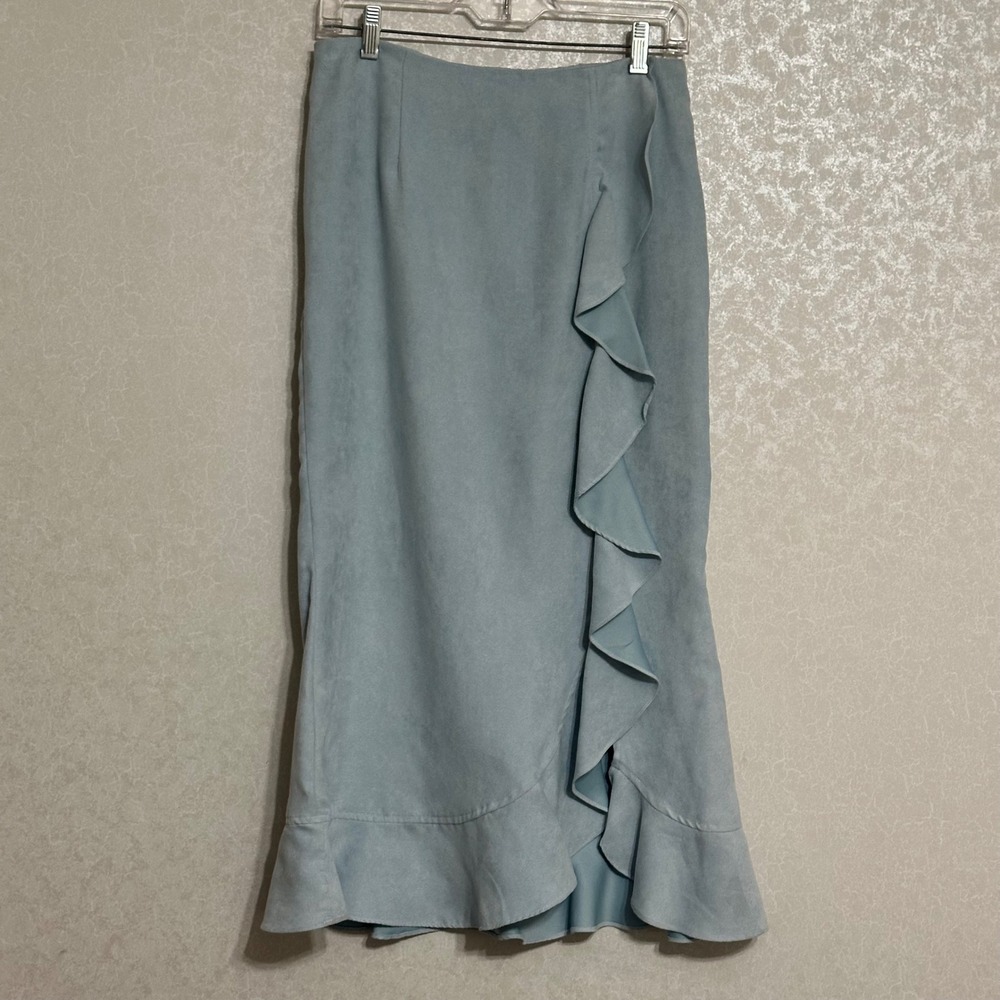 Ranch Dressing Ruffle Faux Suede Midi Skirt Western Boho Light Blue S
